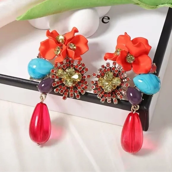Floral Orange Gemstone Drop Earrings - Picture 2 of 7